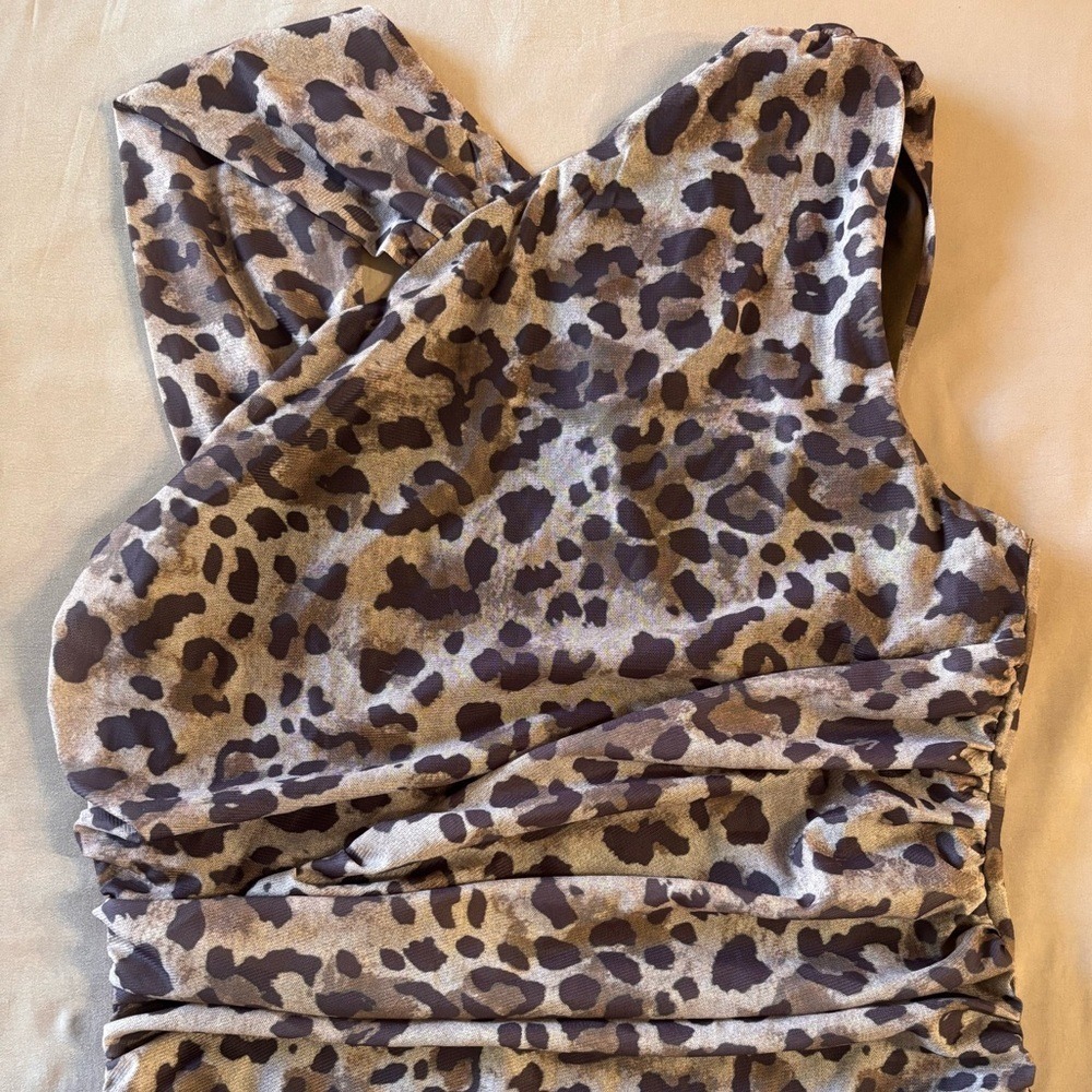 Tyssedal Studio Leopard Print Ruched Crossover Halter Bodysuit Brown Tan Large - Picture 7 of 9